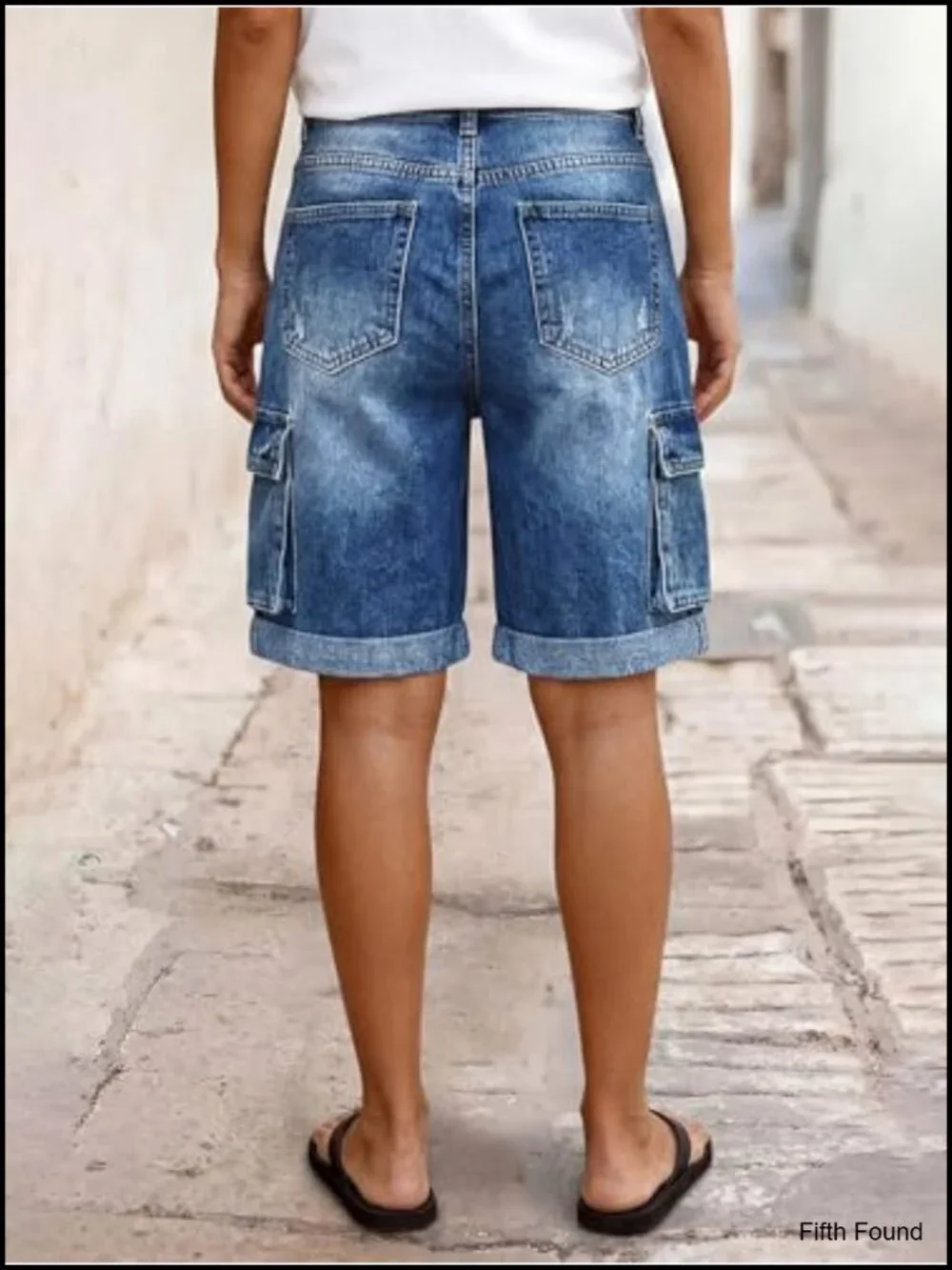 Wide Leg Bermuda Shorts High Rise Washed Flap Pocket Roll Hem